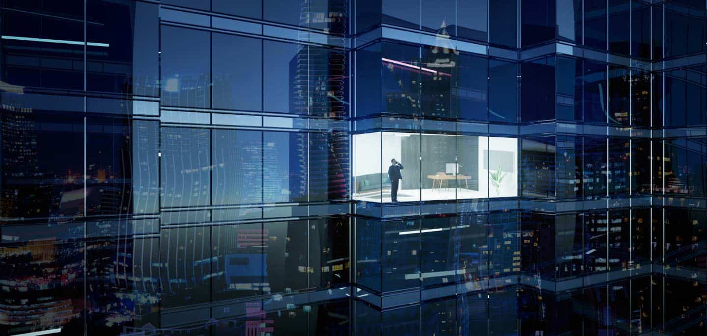 Image of a man in the city in a large bank
