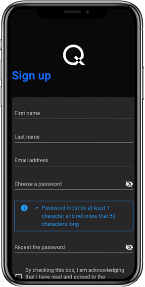 Image showing the Qorbis sign up action in the app