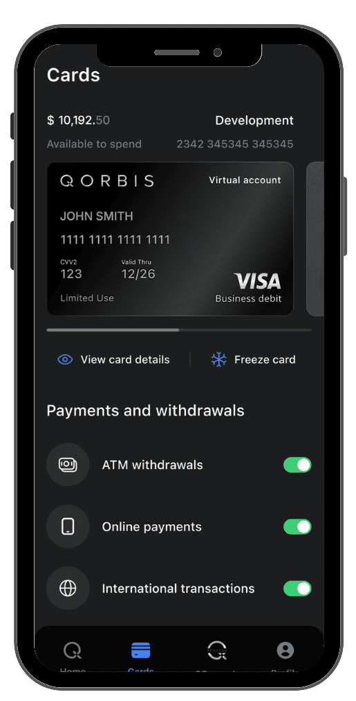 iPhone displaying a virtual spending card in the Qorbis app